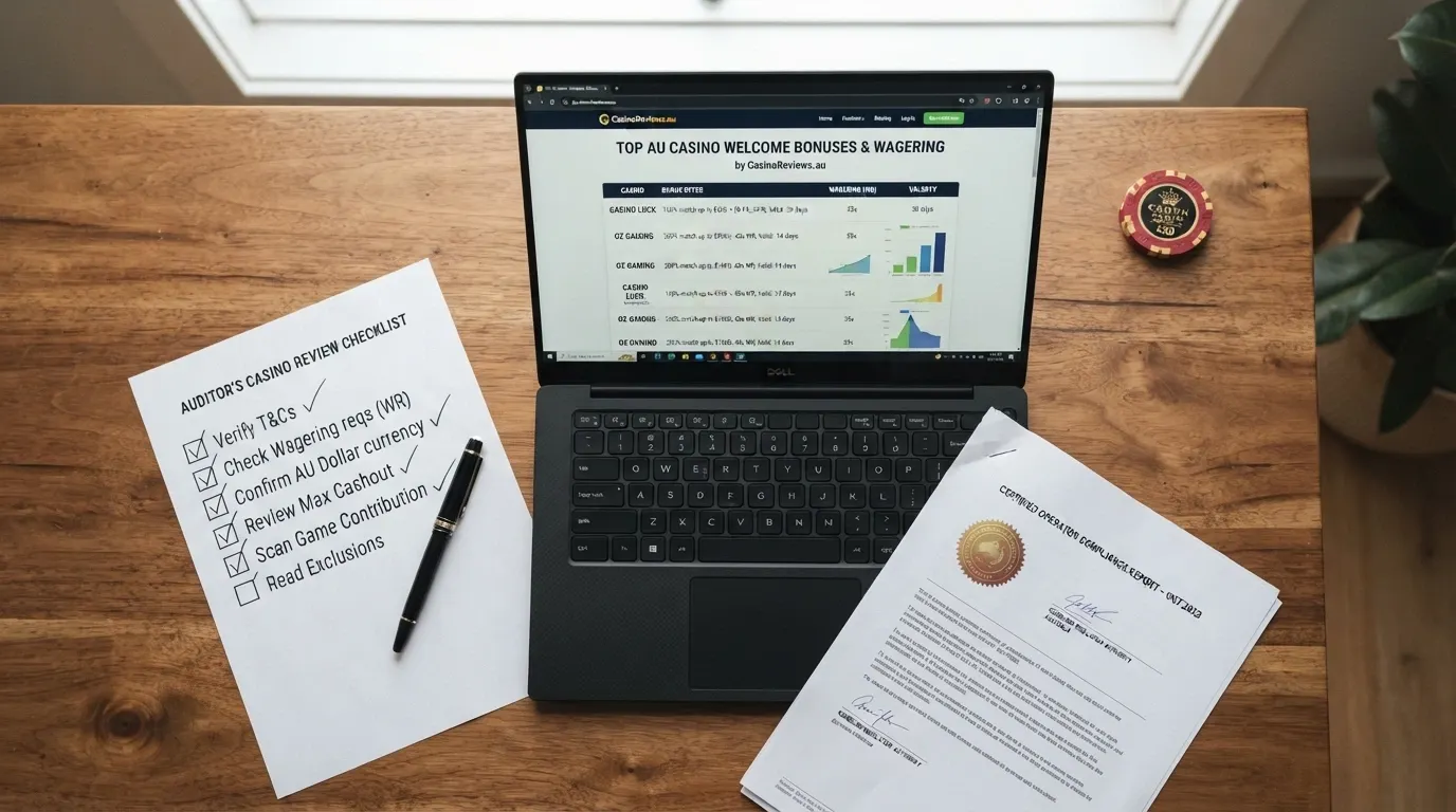 A checklist and rating criteria laid out on a desk next to a laptop showing casino welcome-bonus research and an ACMA register page
