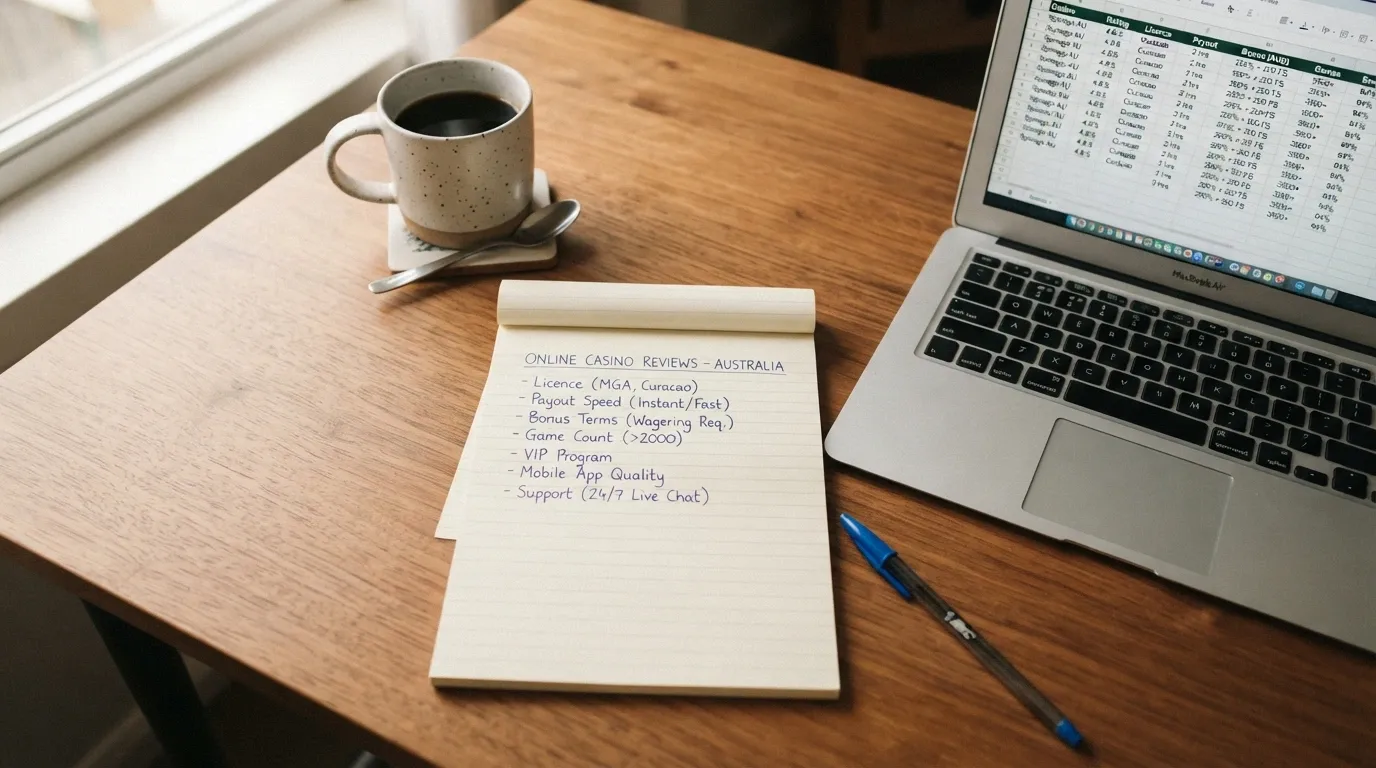 A desk view with a notepad listing evaluation criteria (licence, payout speed, bonus terms, game count) beside a laptop showing casino review data