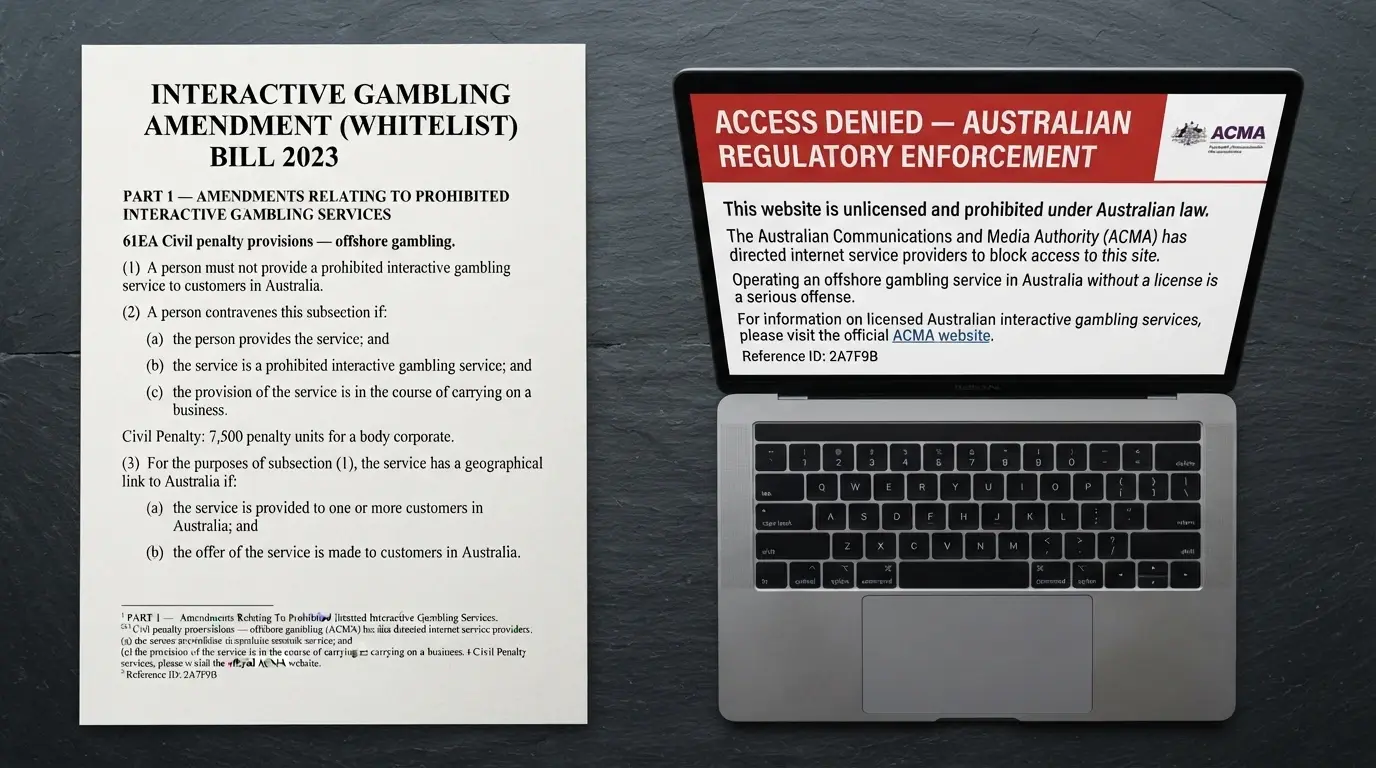 An official-looking legislative document excerpt beside a blocked-website notice screen displaying an ACMA enforcement message