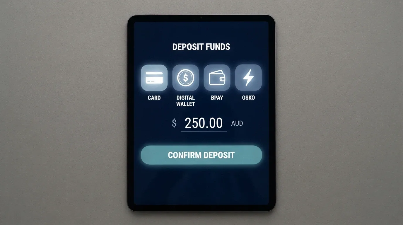 An iPad showing a casino deposit screen with multiple payment-method icons including crypto and e-wallet options