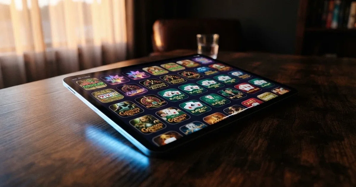 An iPad displaying a grid of colourful casino game tiles on a browser home screen