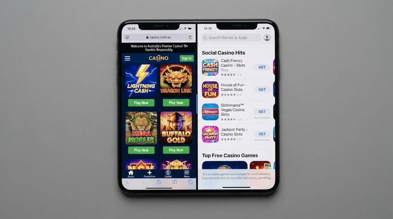 Split-screen view: left side shows Safari with a casino site loaded, right side shows the App Store with zero real-money casino results