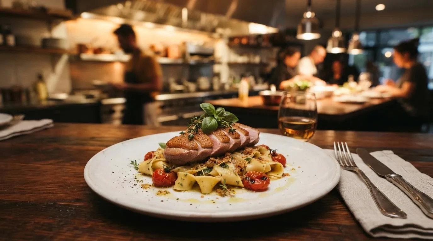 A plated contemporary Italian dish at iTL, with the restaurant's sleek interior and open kitchen visible behind