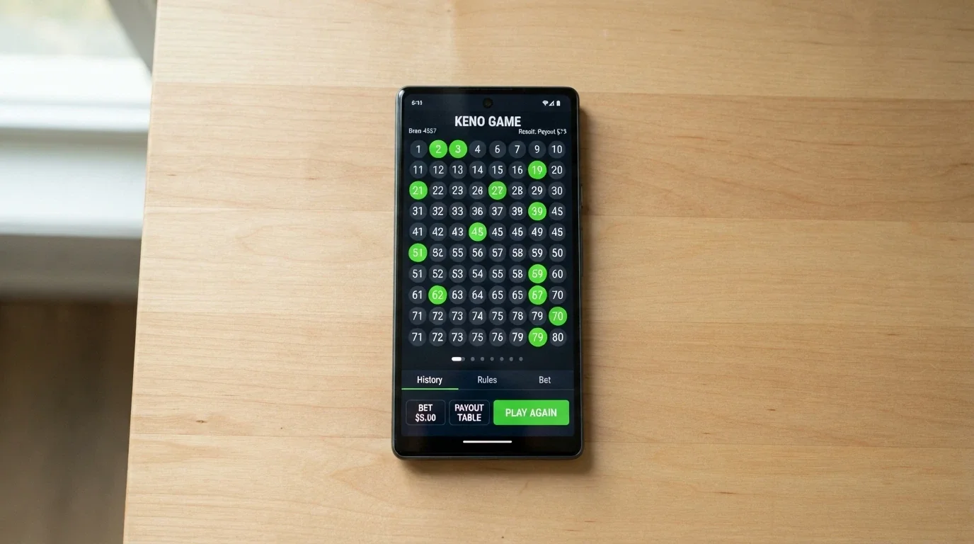 A keno draw screen displayed on a smartphone held in a player's hand