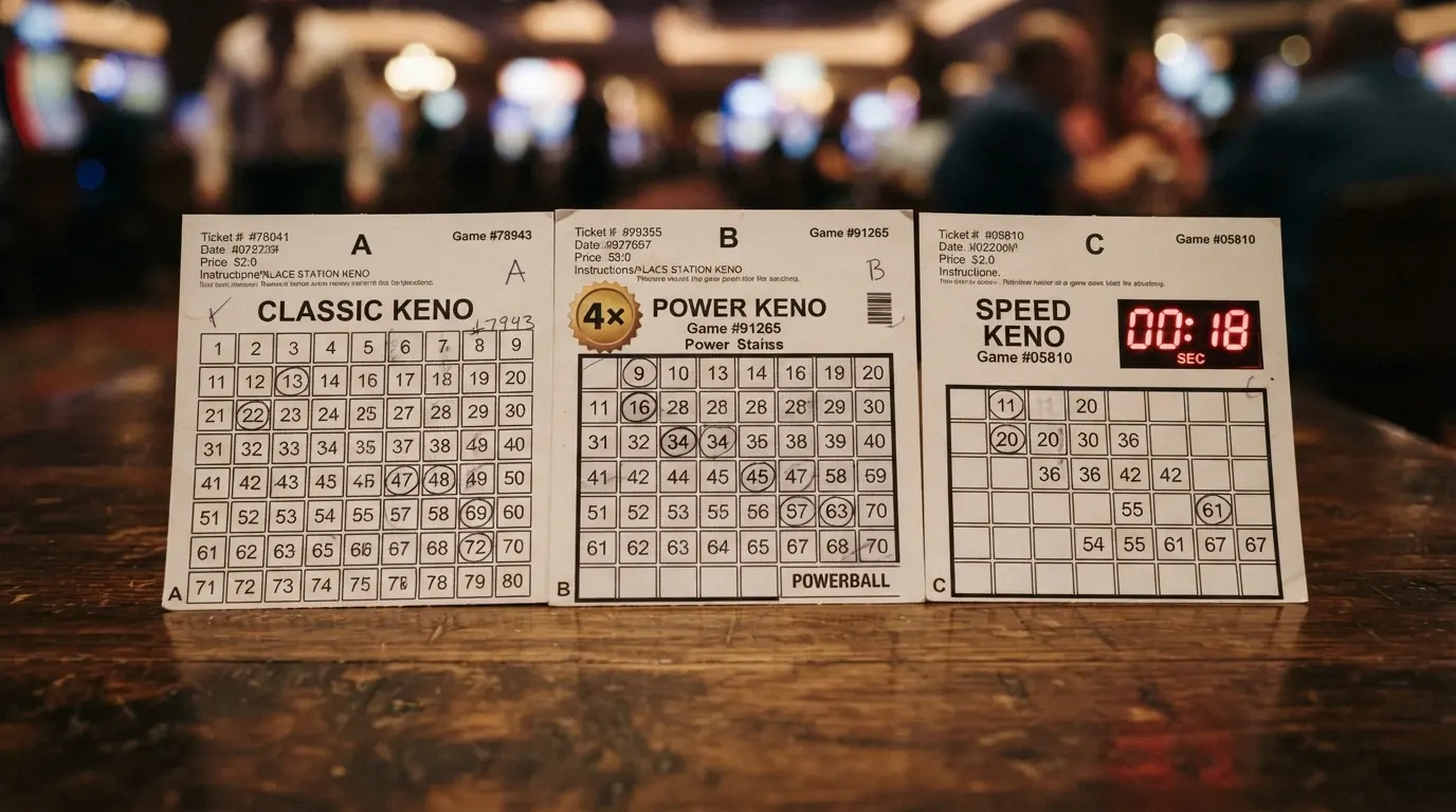 Three keno game cards laid out on a table showing classic 80-ball, power keno with multiplier badge and speed keno timer display