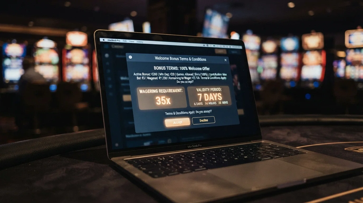 A close-up of a bonus terms pop-up with the wagering requirement and validity window highlighted against a muted casino background