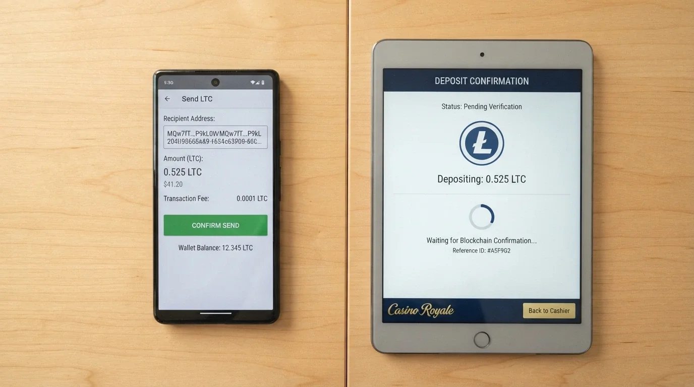 A split-screen showing a Litecoin wallet send screen on one side and a casino cashier confirmation on the other