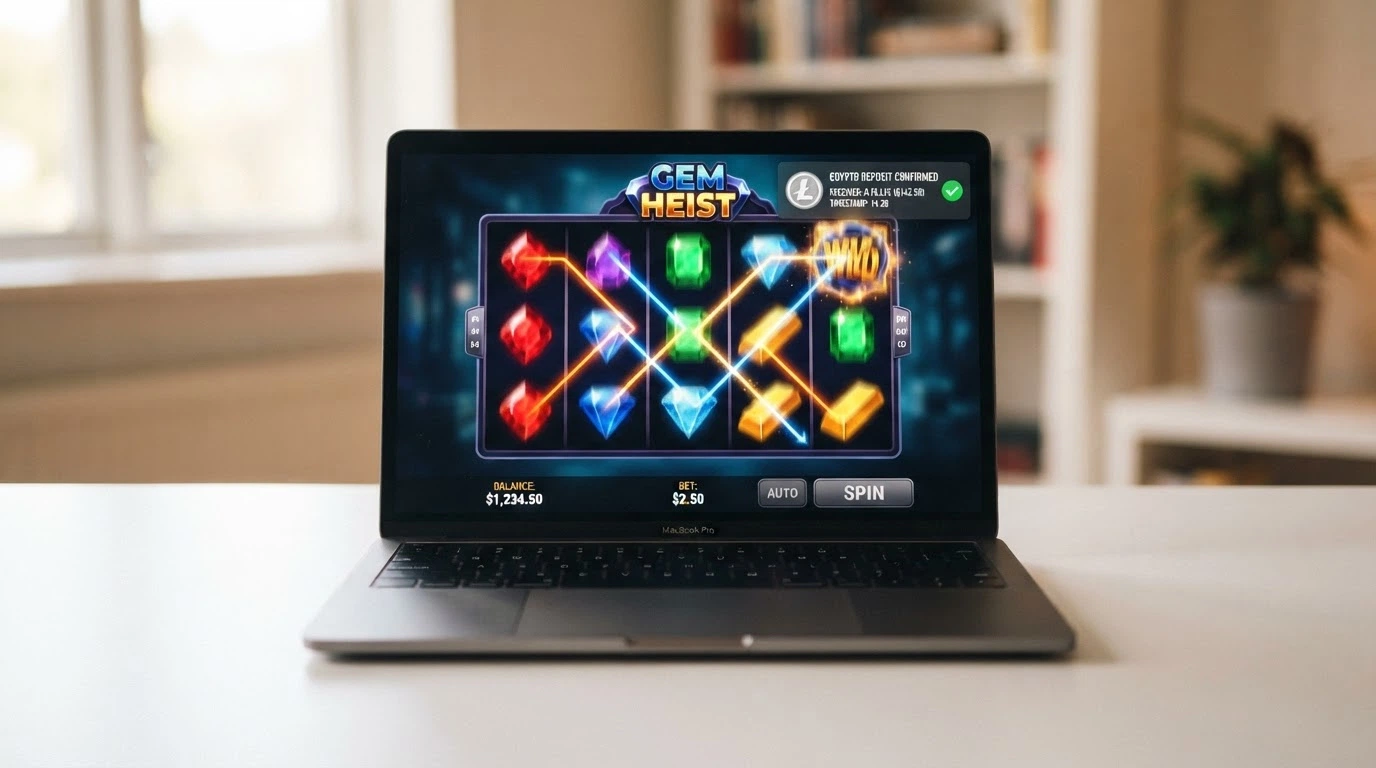 A colourful online pokie reels screen with a crypto deposit confirmation notification overlaid in the corner