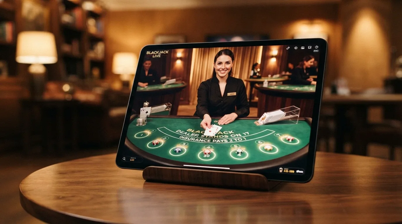A live-dealer blackjack table streaming to an iPad in landscape mode, with the dealer mid-deal and betting positions visible