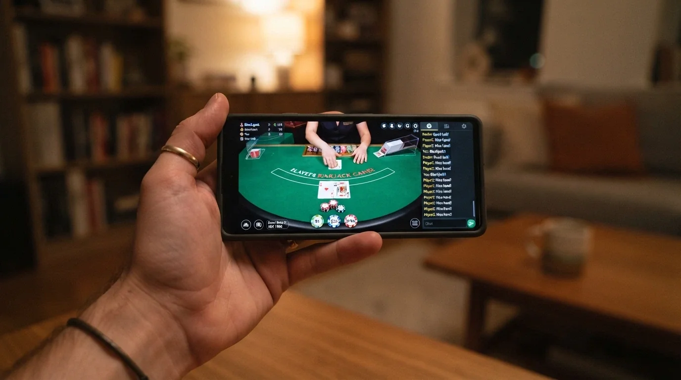 An Android phone in landscape mode showing a live blackjack table with a real dealer, cards on the felt and a chat panel visible