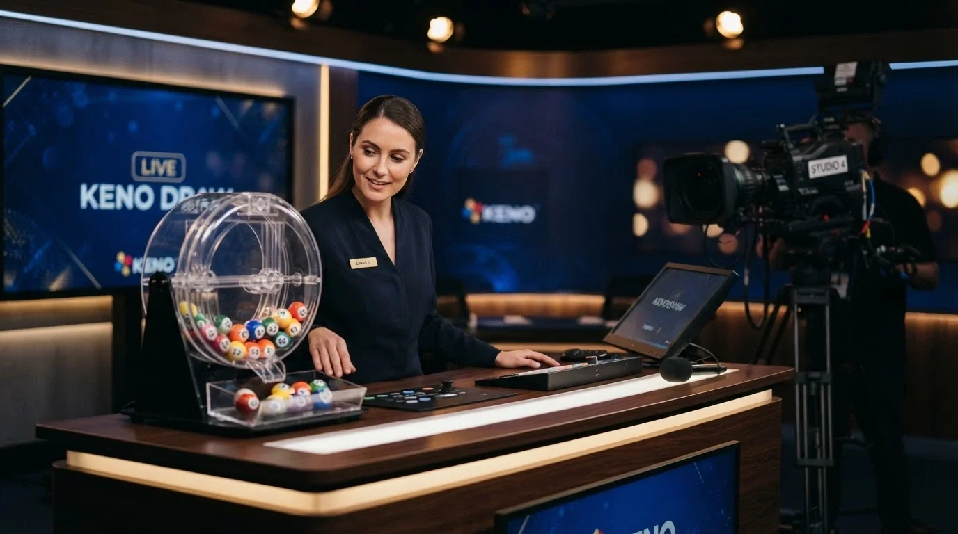 A live-streamed keno draw in progress with a dealer standing beside a numbered ball machine in a studio