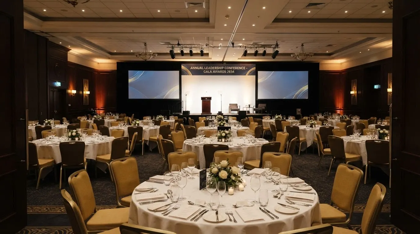The Lotus Room at Casino Canberra set up for a corporate function with tables and AV equipment