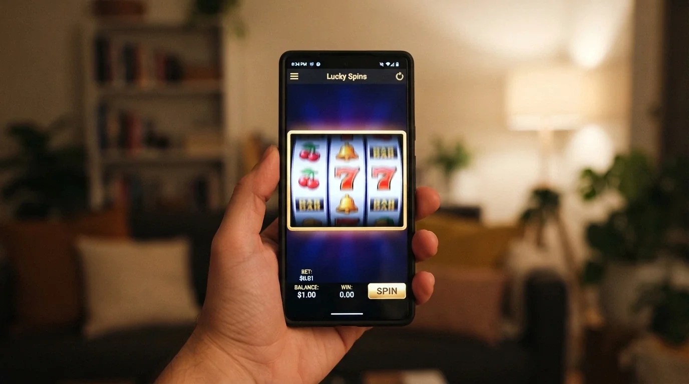 A close-up of a pokie reel set mid-spin on a smartphone screen, with the bet amount showing $0.01 and the balance reading $1.00