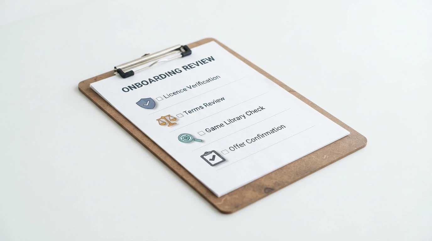A clipboard or checklist with icons for licence verification, term comparison, provider audit and offer confirmation, in a clean editorial style