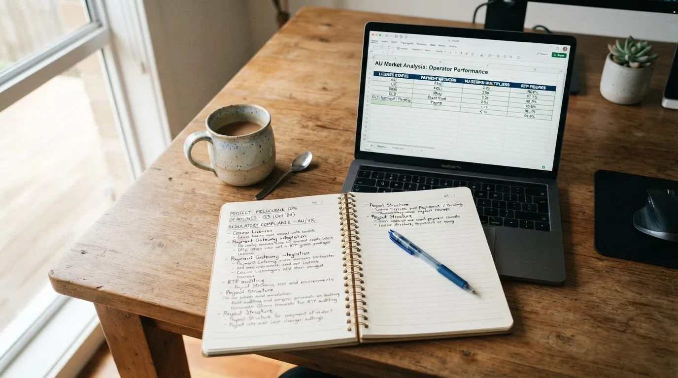 Notebook and screen showing casino review criteria with licence verification and RTP data sources