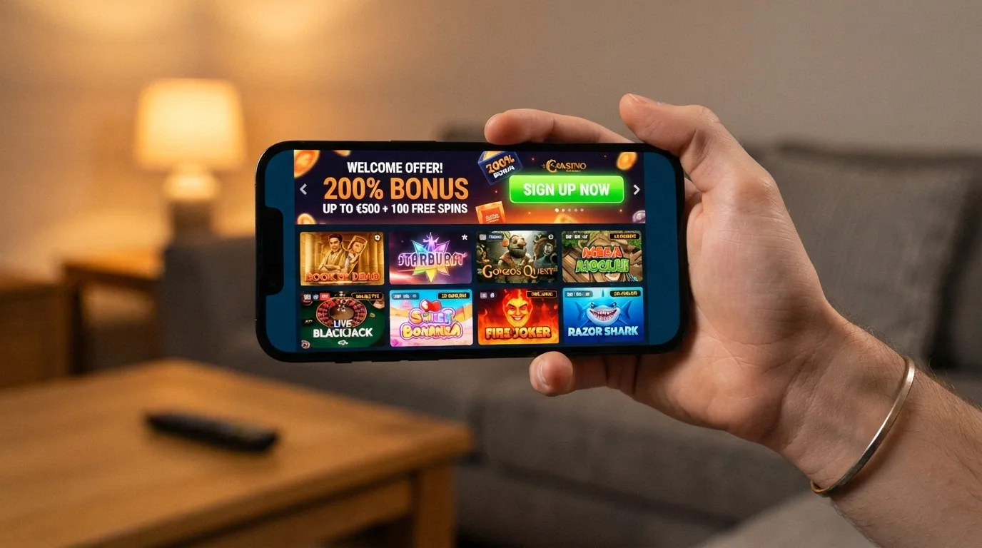 A hand holding a mobile phone in landscape orientation, displaying a casino lobby with a bonus-offer banner across the top of the screen
