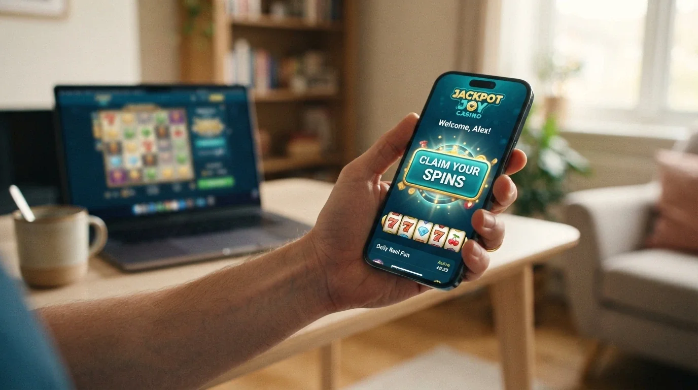 A hand holding a smartphone showing a casino free-spins claim screen with a “Claim Your Spins” button, with a laptop visible in the blurred background
