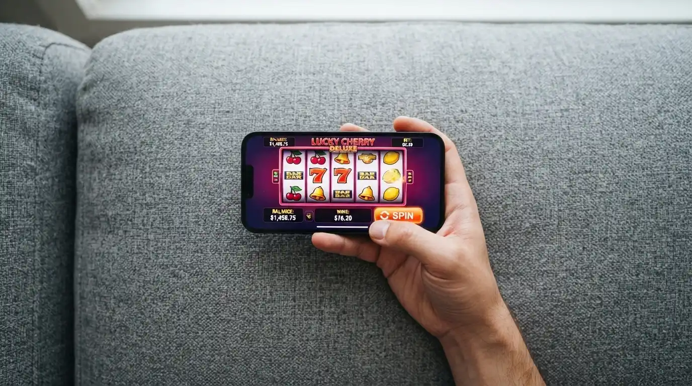 A hand holding a smartphone in landscape mode showing an online pokie game with the balance and bet clearly visible on screen, against a casual home-setting background