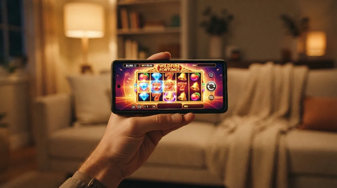 A hand holding a smartphone showing a pokies game in landscape mode with a small balance visible on screen