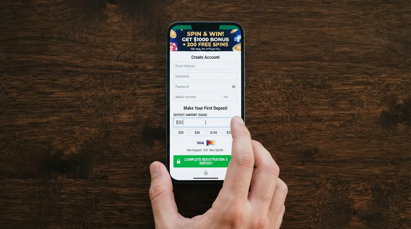 A smartphone held in one hand displaying a casino sign-up form with a first-deposit bonus banner and a deposit amount field visible