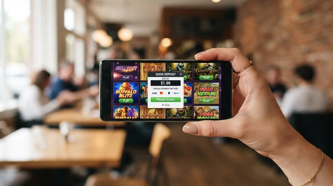 A hand holding a smartphone in landscape orientation, showing a casino game lobby with a deposit prompt overlaid and the amount field reading $1.00