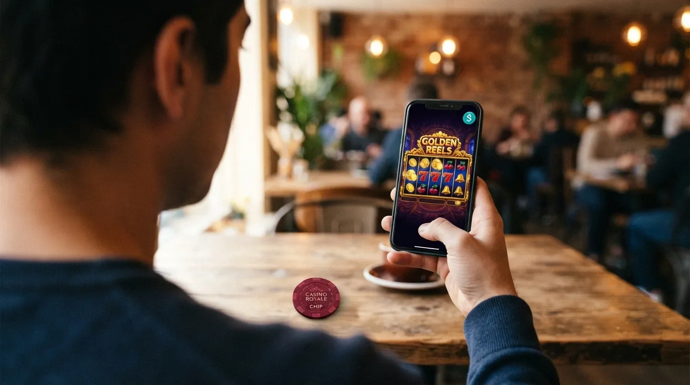 A smartphone displaying an online casino game with a cryptocurrency payment option visible
