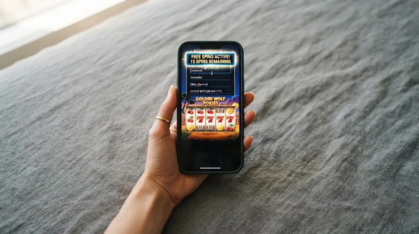 A hand holding a smartphone with a pokies game on screen showing a “Free Spins Active” notification, the registration form partially visible