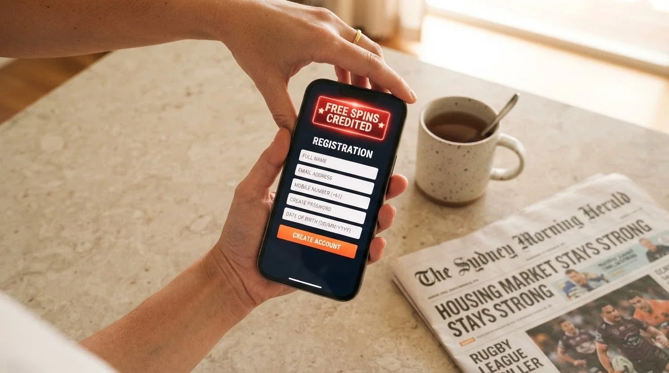 A hand holding a smartphone showing a casino registration screen with a free-spins notification badge, set against a home background