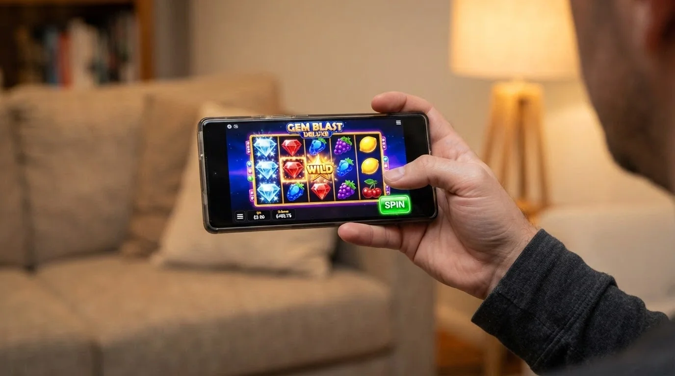 a hand holding a smartphone in landscape mode showing a pokie game with the spin button under the thumb