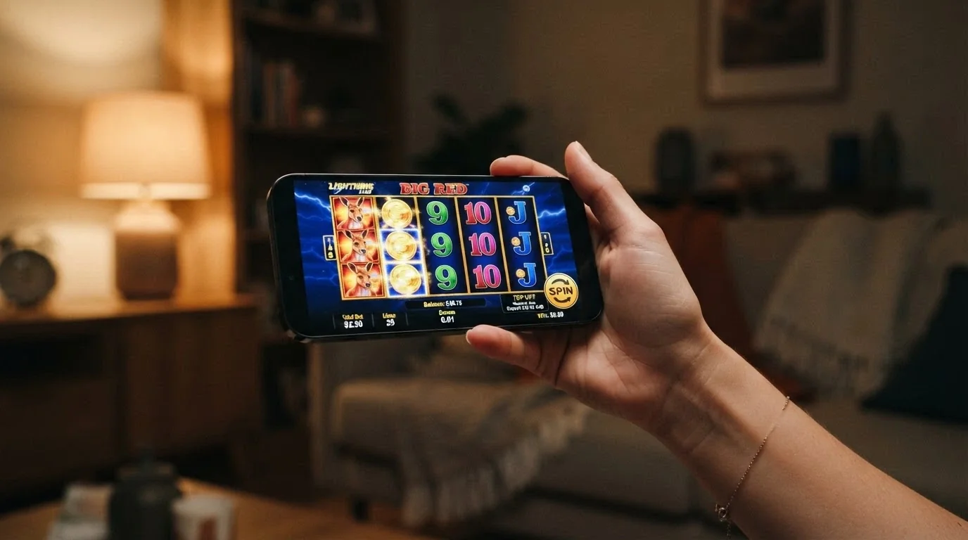 A hand holding a smartphone in landscape orientation with a pokies game loaded, the deposit screen overlaying the reels showing a low AUD amount