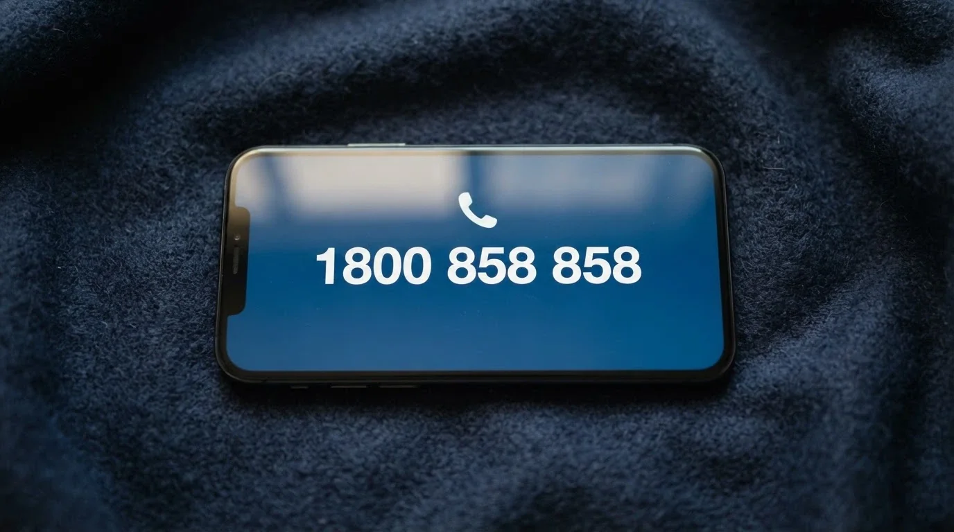 A close-up of a smartphone showing the number 1800 858 858 on screen — the National Gambling Helpline