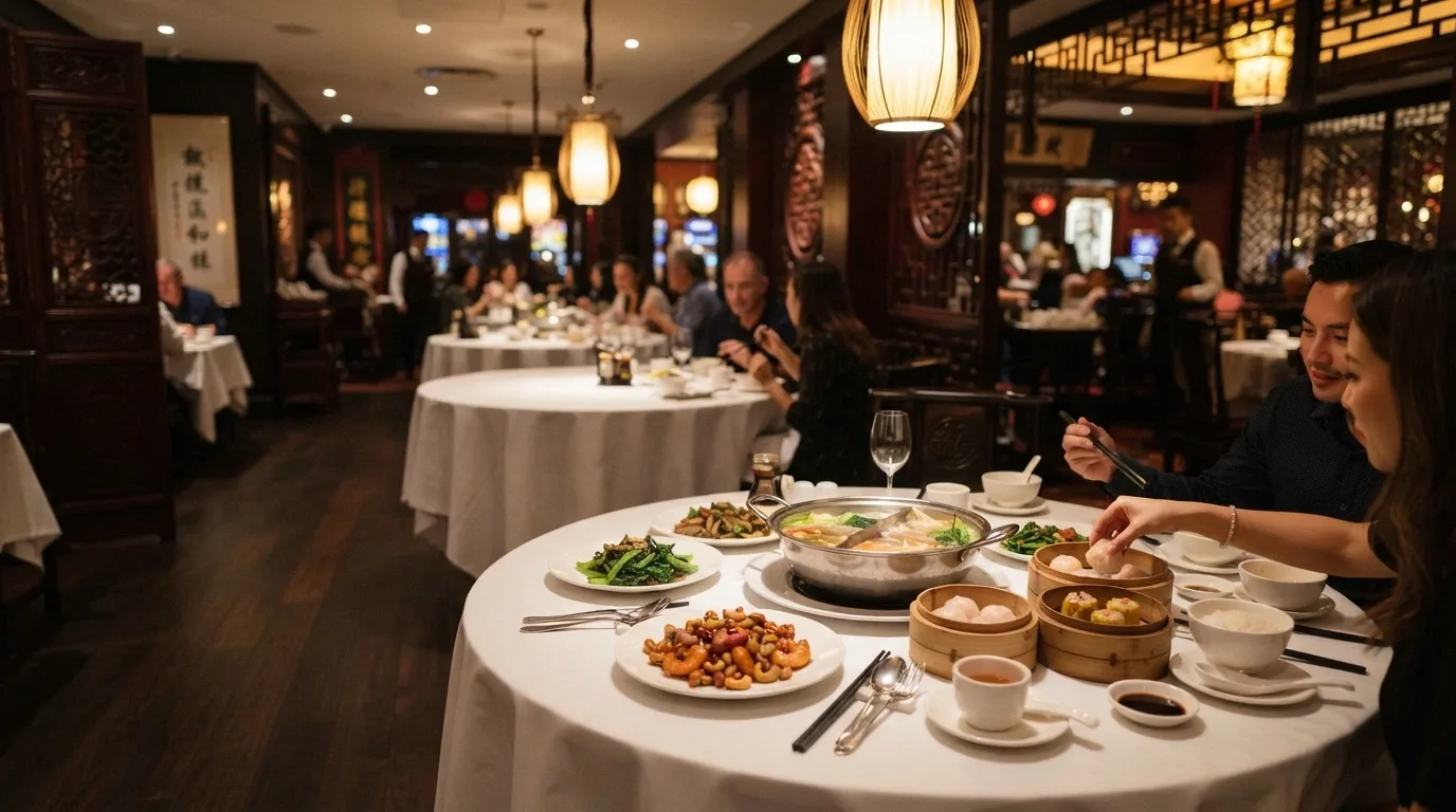 Interior of Natural Nine, the pop Chinese restaurant inside Casino Canberra, with plated dishes visible