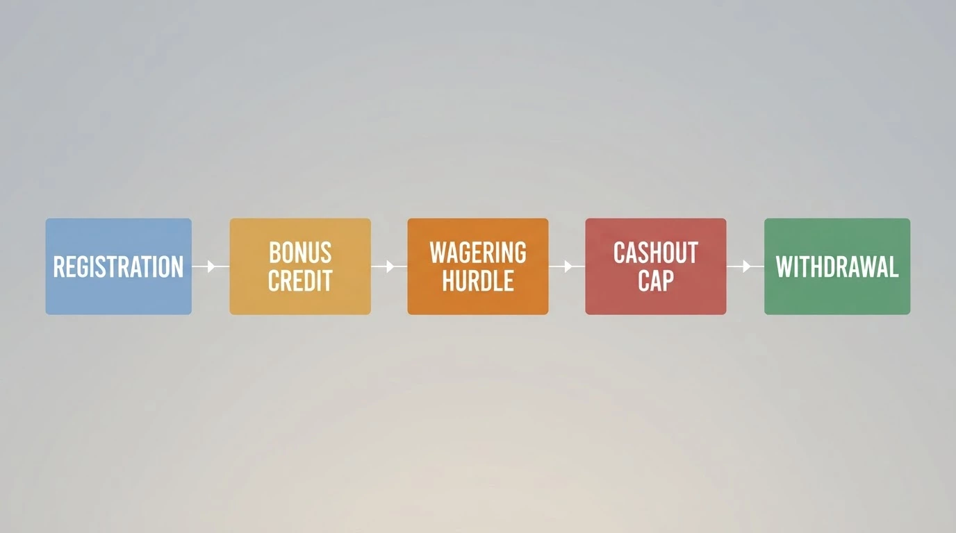 A step-by-step flow diagram showing the path from sign-up to cashout, with the key gates labelled: registration, bonus credit, wagering hurdle, cashout cap, KYC check, withdrawal