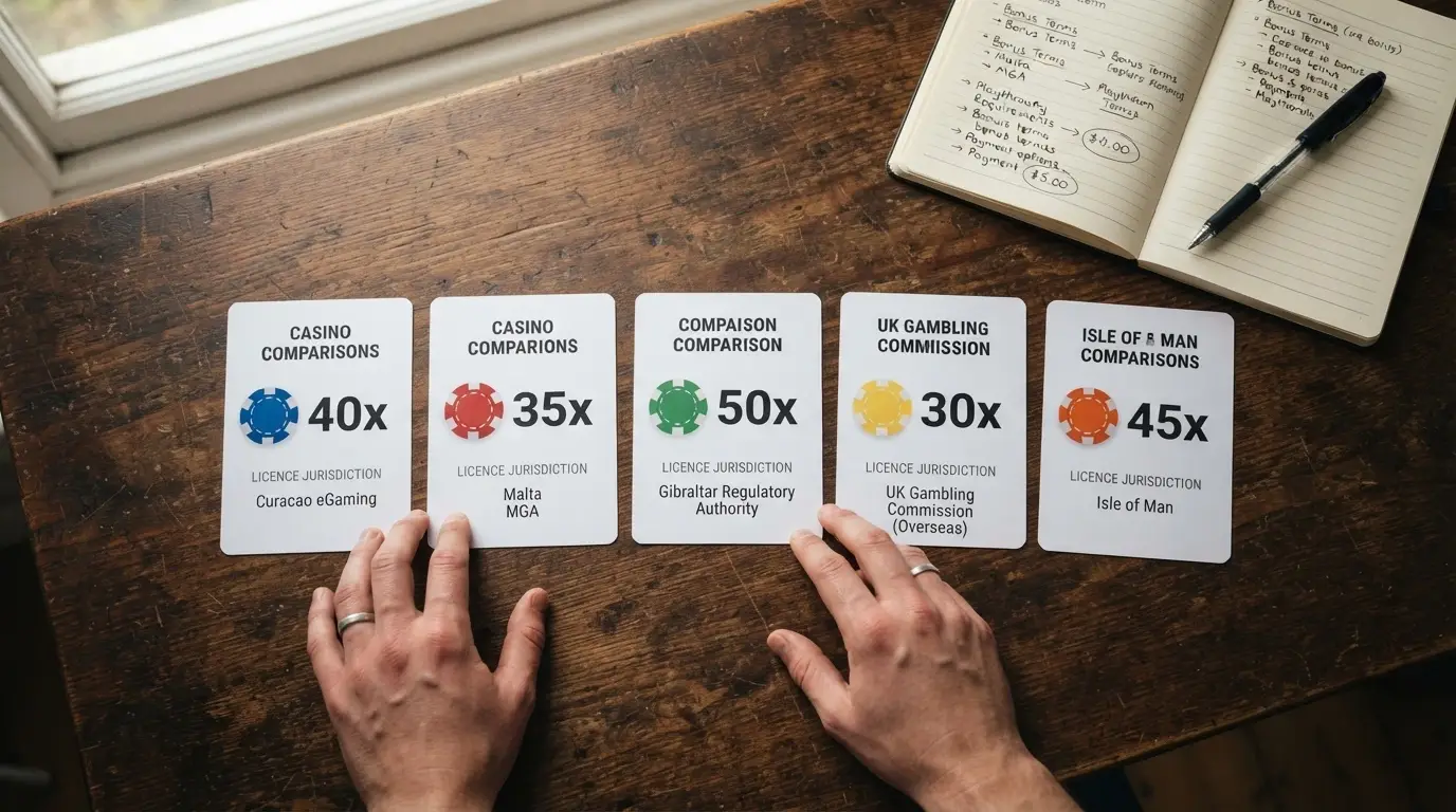 A side-by-side grid of casino brand cards showing different bonus types, wagering figures and licence jurisdictions