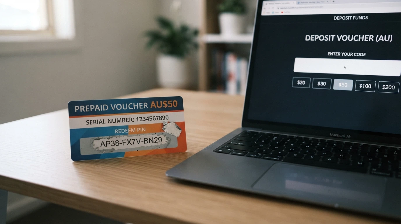 A Neosurf voucher with its scratch-off PIN panel visible, placed beside a casino deposit form on a laptop screen