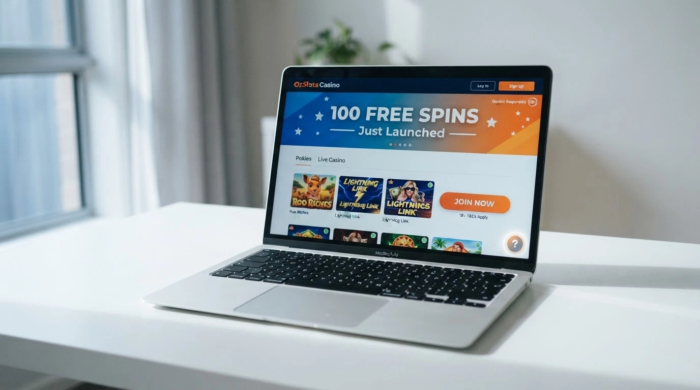 A “Just Launched” casino homepage with a 100 free spins banner, the site looking fresh but unvetted, with a question-mark overlay