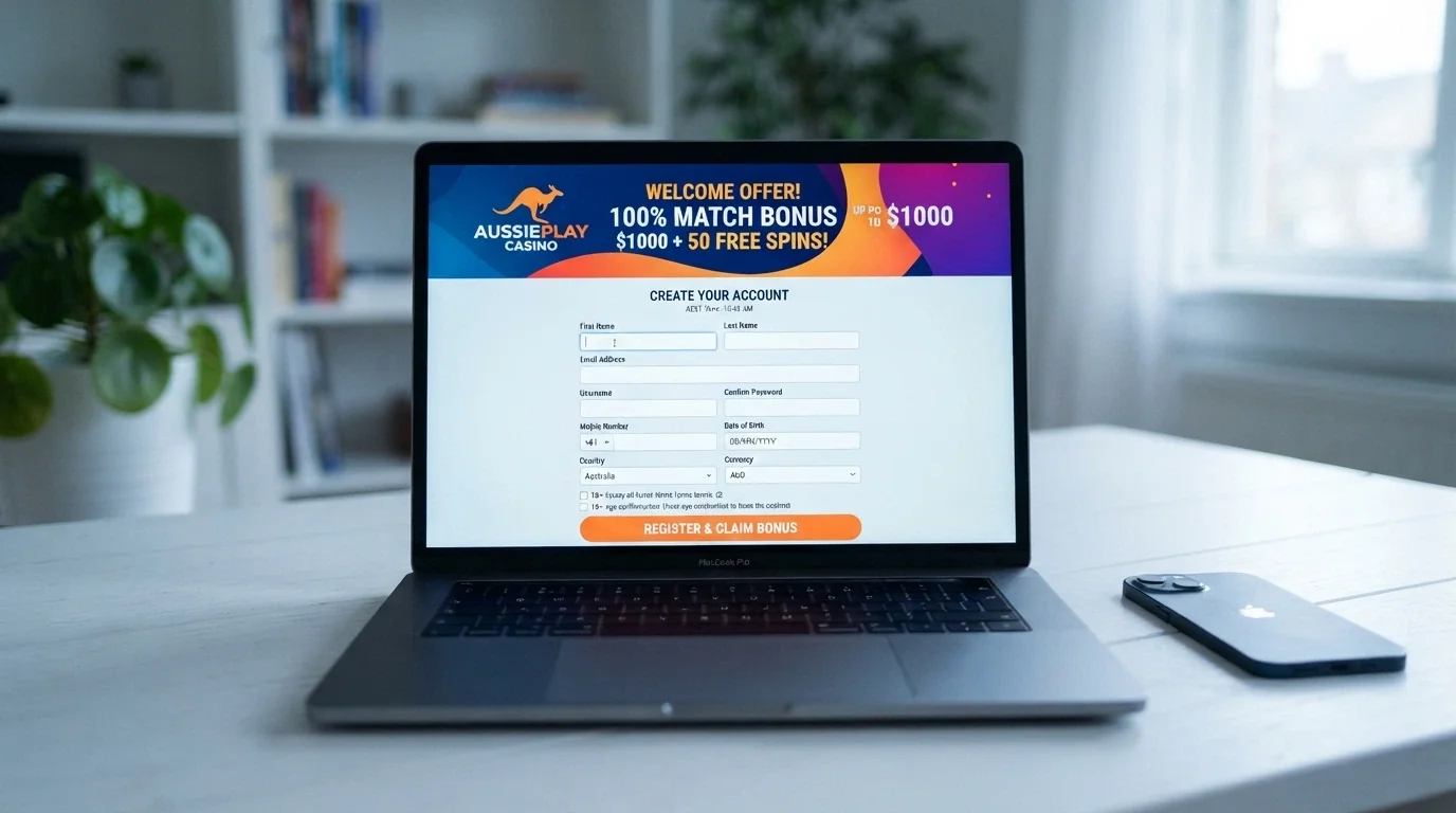 A registration form on a casino website with a welcome-offer banner visible above the signup fields