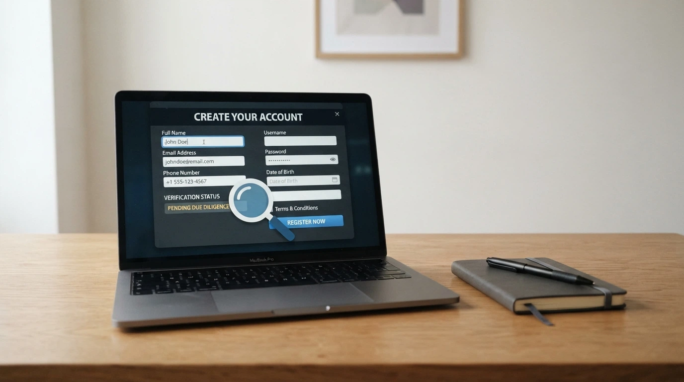 a laptop screen showing a casino registration form with a magnifying glass icon over the licence-number field