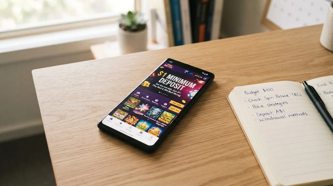 A smartphone screen displaying a freshly launched online casino lobby with a prominent “$1 minimum deposit” banner and a calendar showing the current year beside it