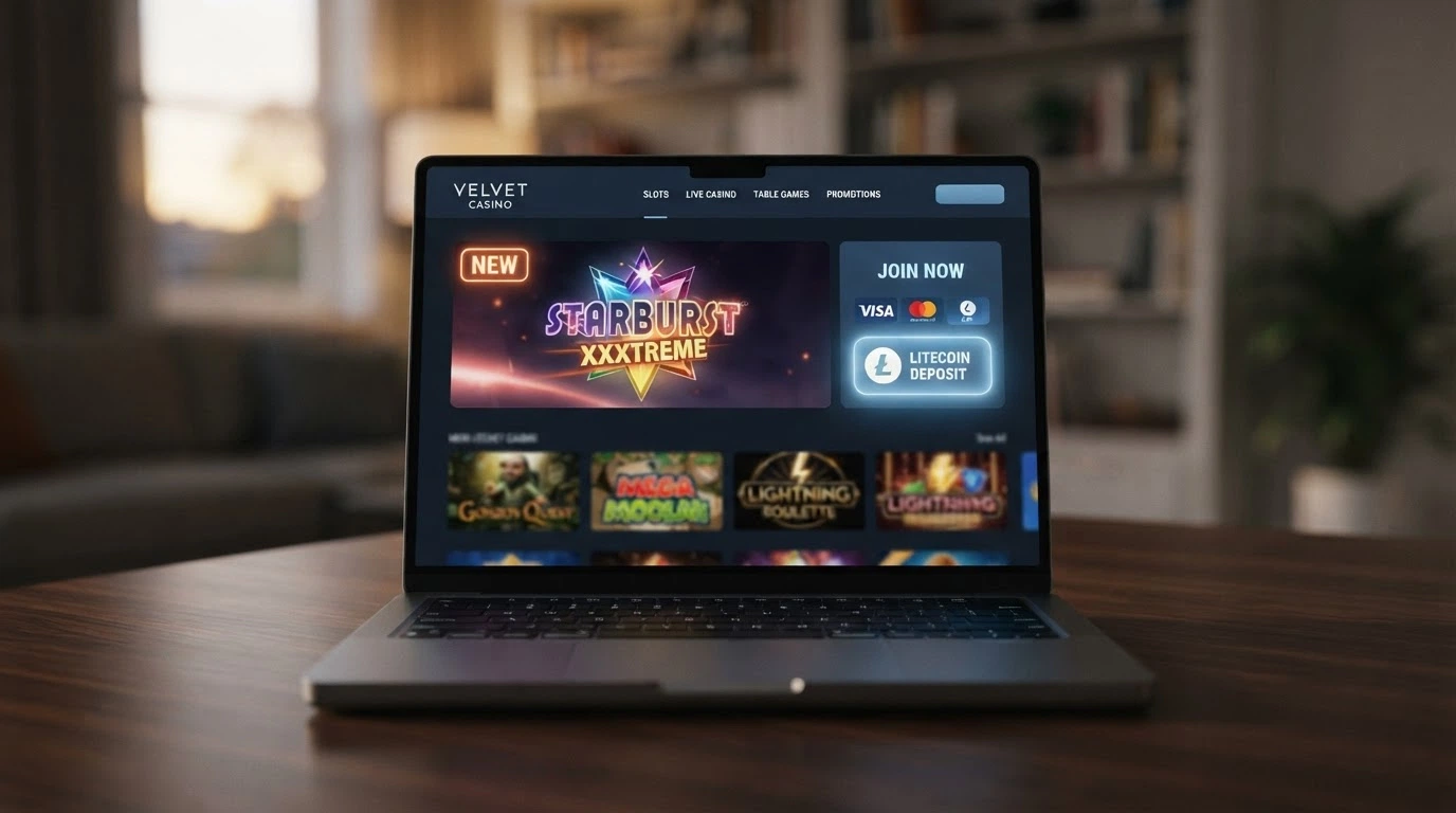 A freshly designed casino homepage with a prominent “New” badge and Litecoin deposit option highlighted