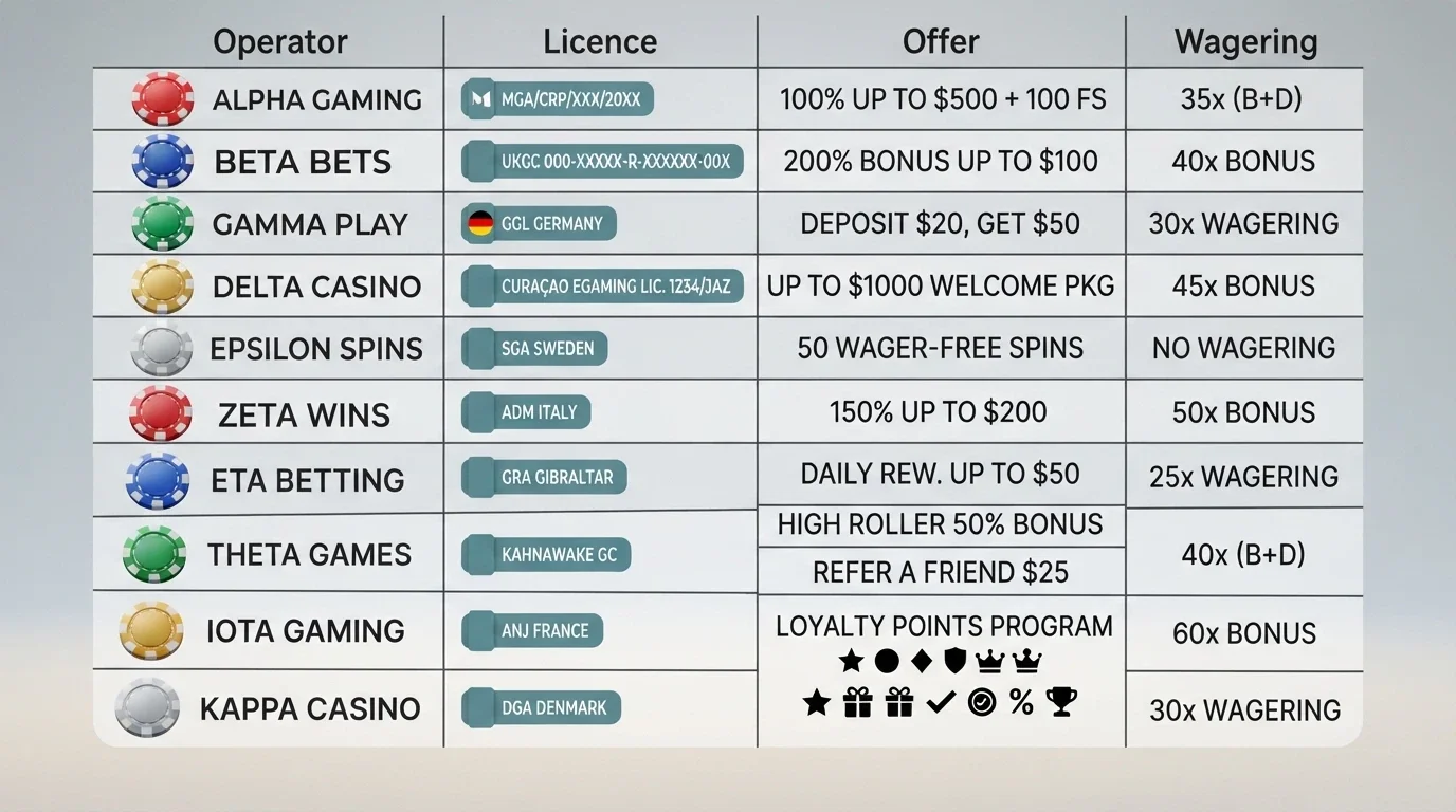 A comparison chart with operator names, licence badges and bonus-type icons laid out in a clean grid
