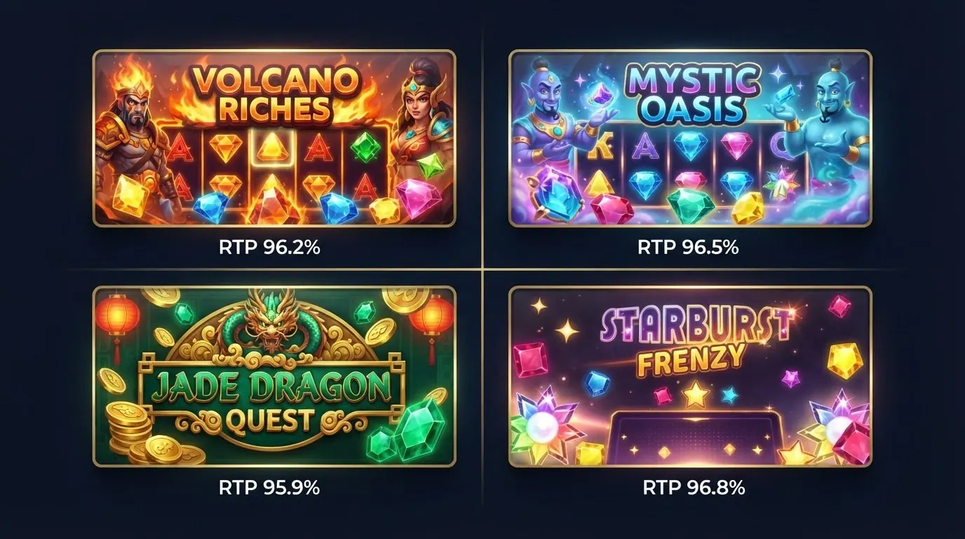 A grid of pokie title cards — Bubble Up, Sweet Bonanza 1000, Gates of Olympus 1000 — with RTP percentages under each