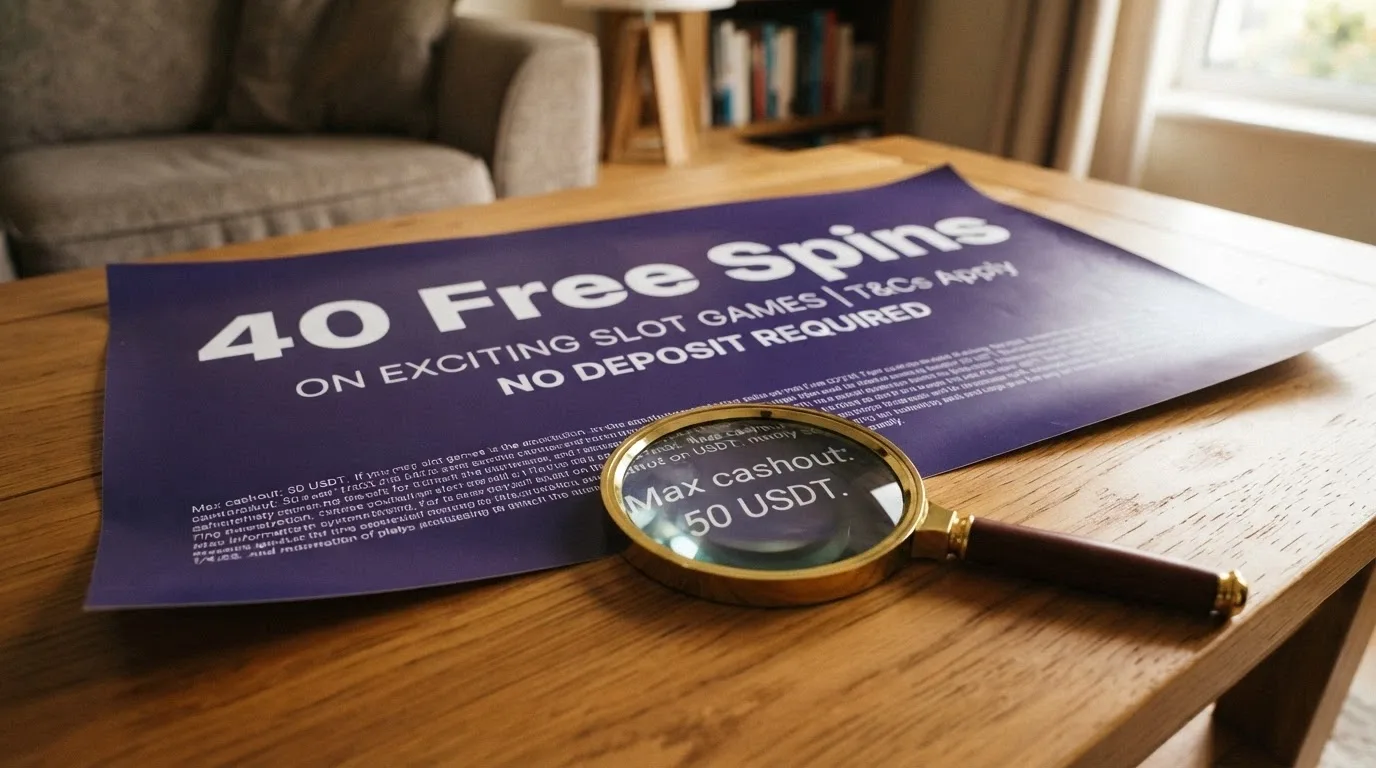 A casino promotion banner reading “40 Free Spins — No Deposit Required” with a magnifying glass hovering over the fine print beneath it, highlighting the words “Max cashout: 50 USDT.”