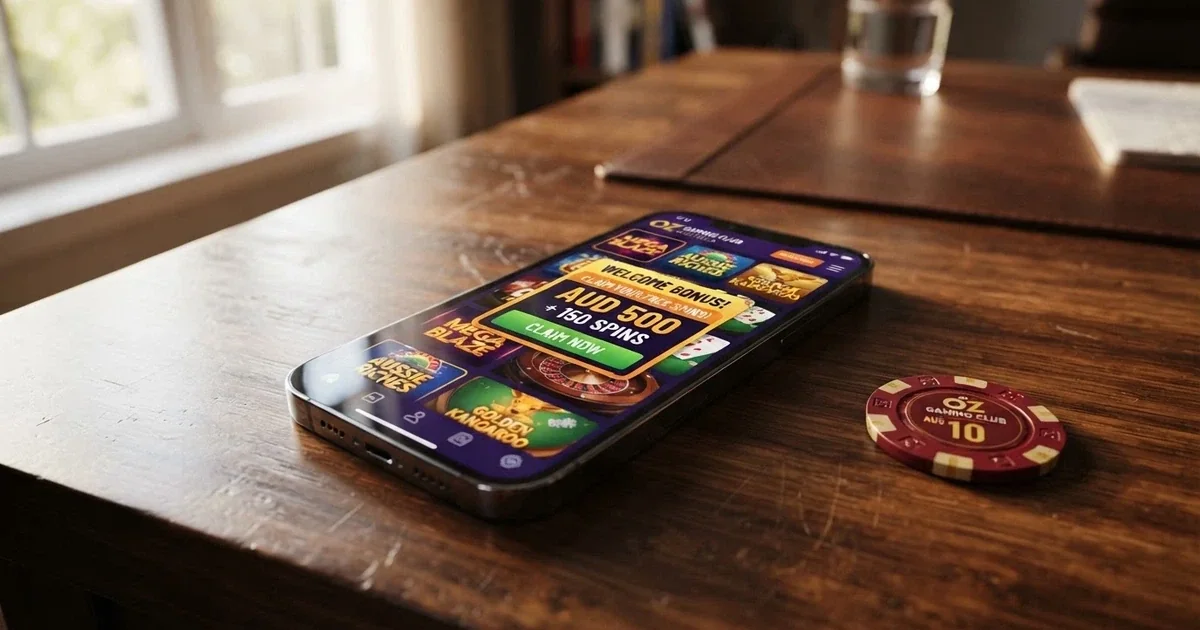 A smartphone screen showing an online casino lobby with a “No Deposit Bonus — Claim Your Free Spins” pop-up, Australian dollar symbols visible on the game tiles