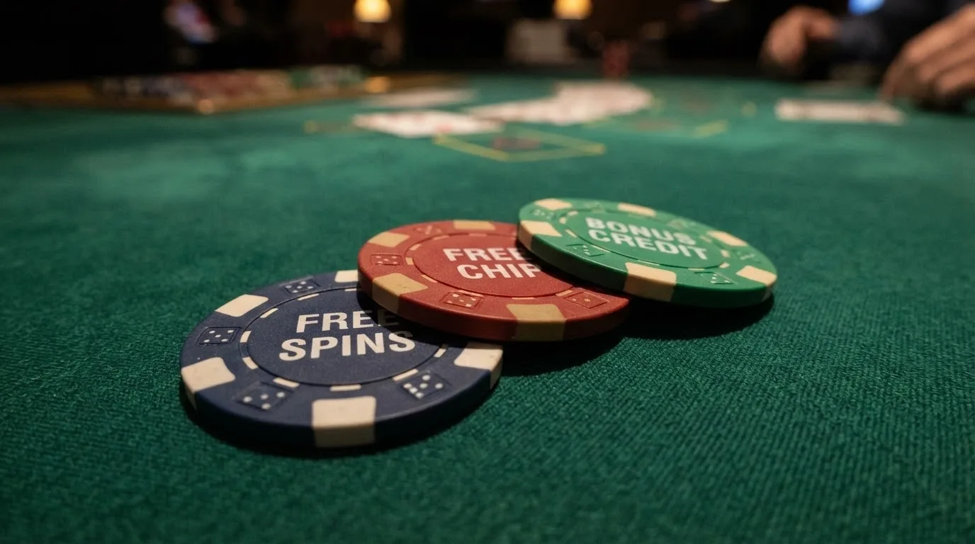 Three bonus chips stacked on a casino table felt, one labelled “Free Spins,” one “Free Chip” and one “Bonus Credit”