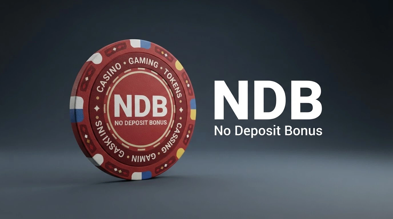 A graphic breaking the acronym NDB into No Deposit Bonus with a casino chip icon beside it