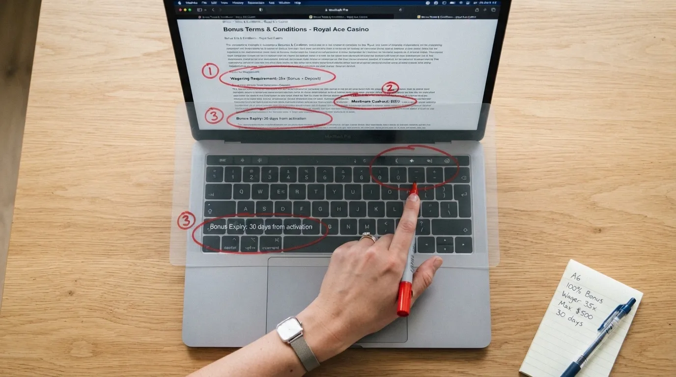 A close-up of bonus terms — wagering multiplier, cashout cap and expiry date — circled on a screen