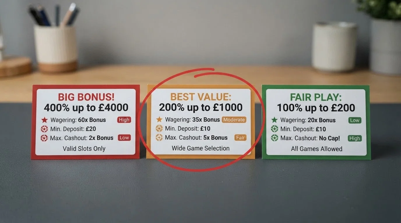 Three bonus-offer cards side by side showing a free-chip amount, its wagering multiple and its cashout cap, with the middle card circled as the best balance of value and clearable terms.