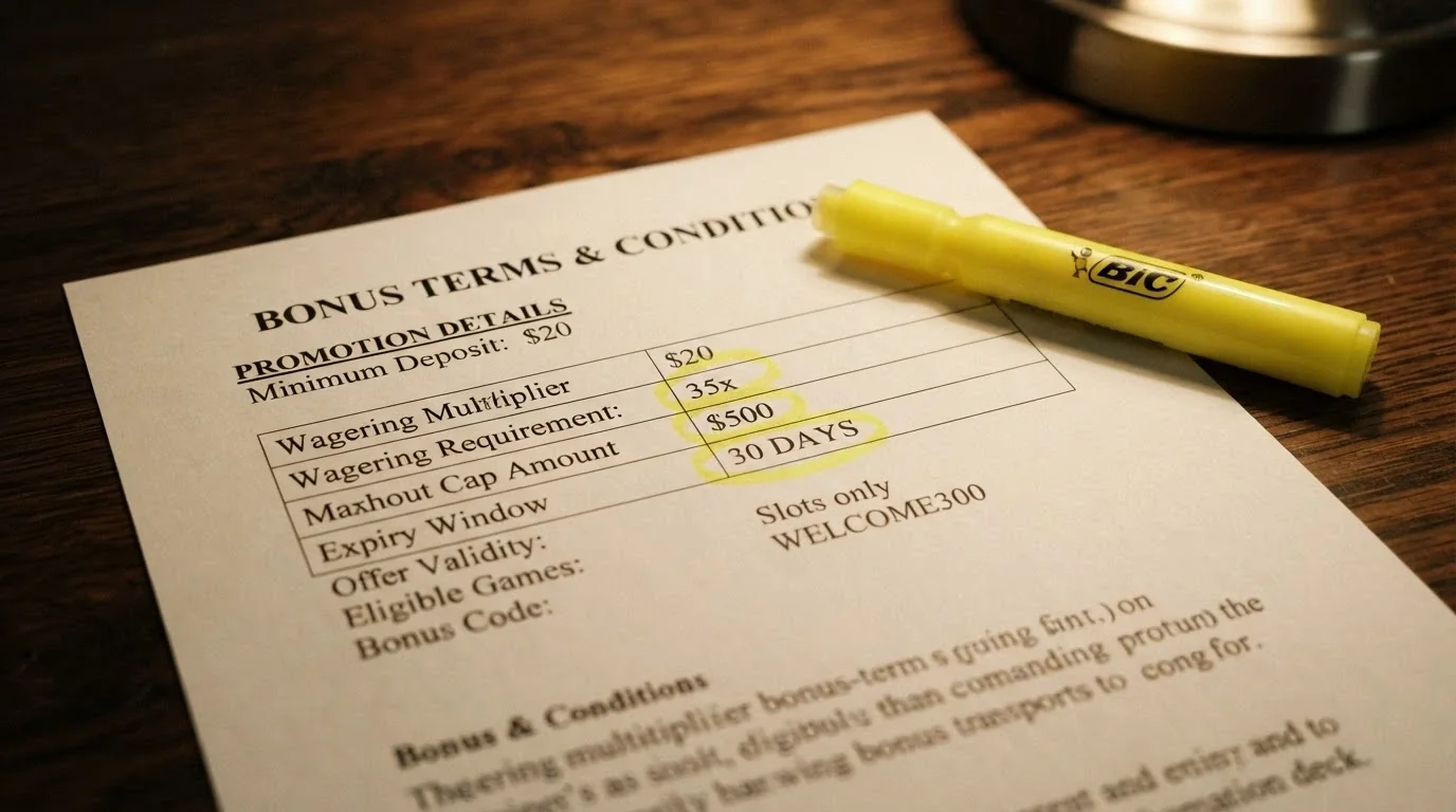 A close-up of a casino bonus terms document with a highlighter marking the wagering-multiplier, cap and expiry fields