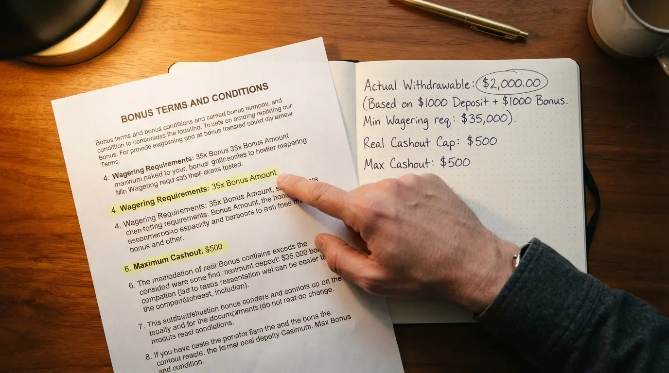A close-up of a bonus terms panel with the wagering multiplier and cashout cap lines highlighted, a calculator beside it showing the real withdrawable figure